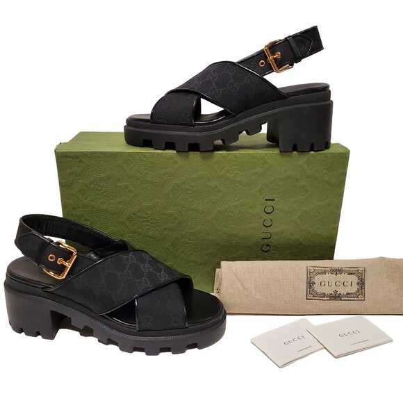 GUCCI SHOES BLACK GG SUPREME CANVAS CHUNKY LUG SOLE SANDALS - Picture 2 of 15